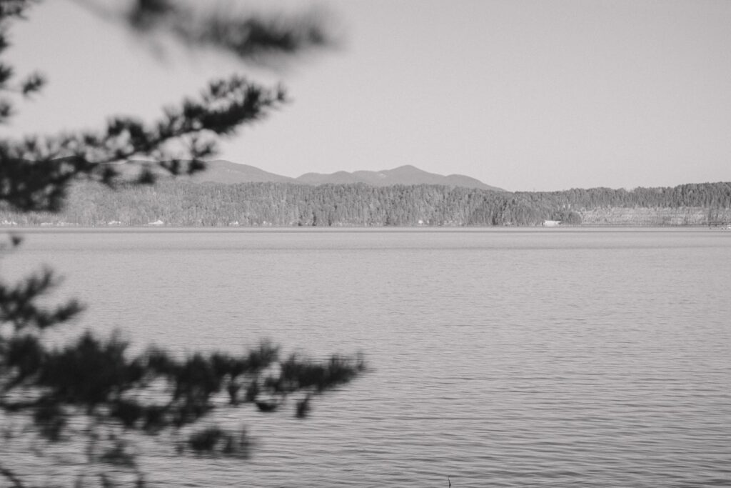 Landscape photo in black & white of Lake Jocassee in South Carolina.