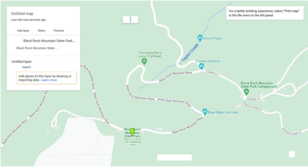 Map of Black Rock Mountain State Park in Georgia.