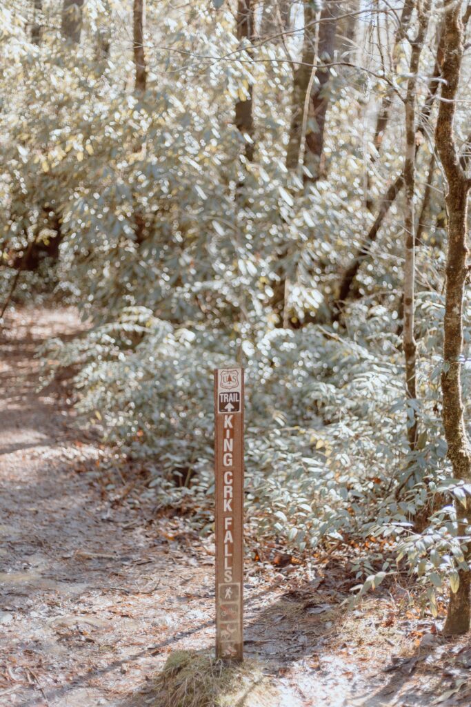 Trail marker on the King Creek Falls waterfall trail in South Carolina.