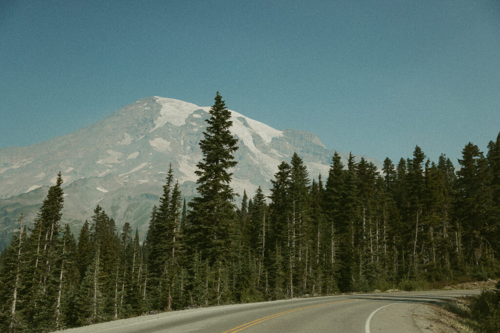Landscape photo of road with trees and mount rainier in the background.