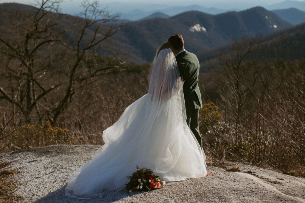 Man and woman in wedding attire looking at mountains.
