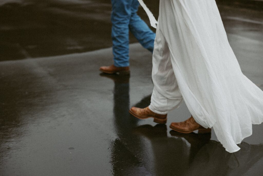 Man and woman wearing cowboy boots and walking.