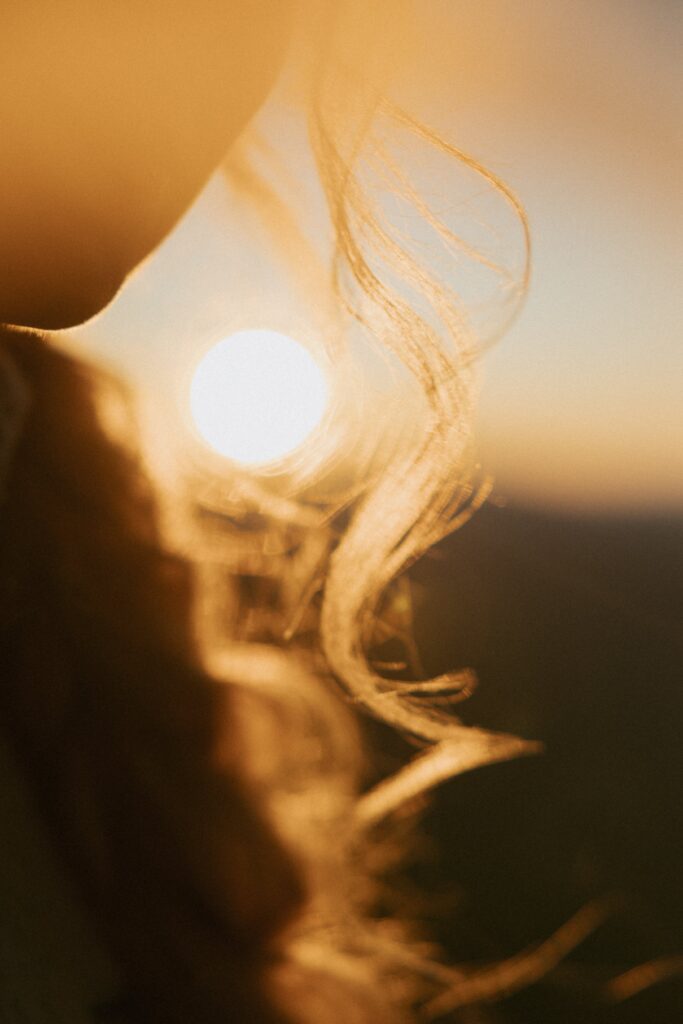 Close up of womans hair with the sun coming through it. 