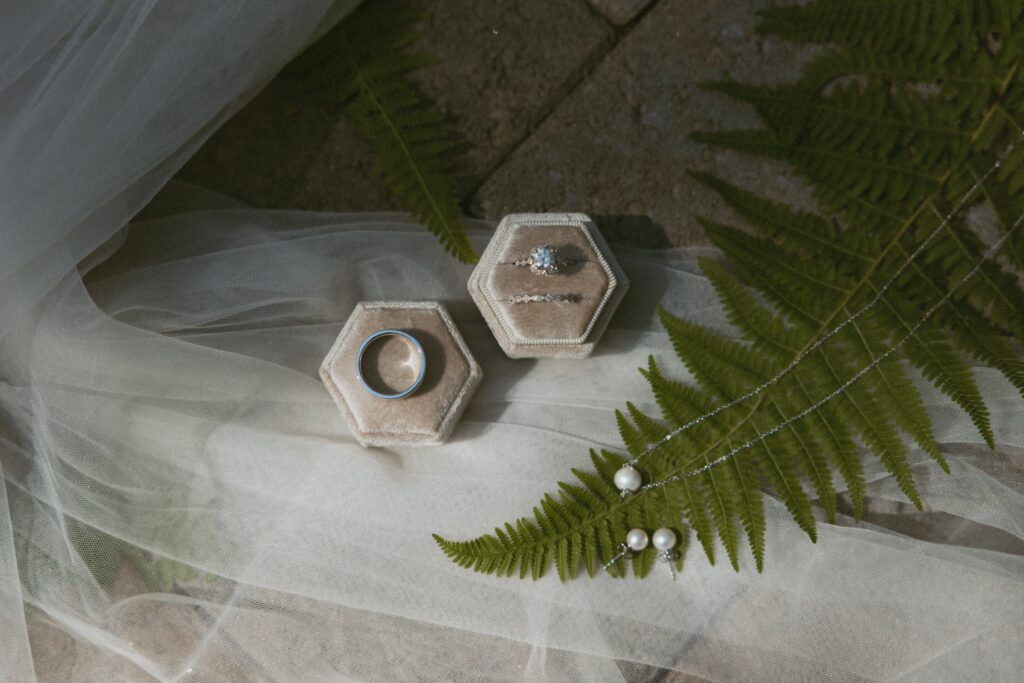 Wedding rings, necklace and veil laying on the ground with ferns.