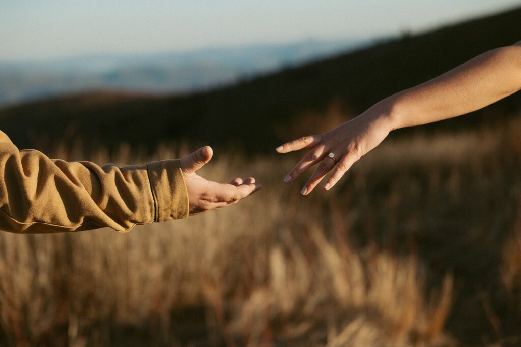 Man and woman's hands almost touching with engagement ring showing and mountains behind them.