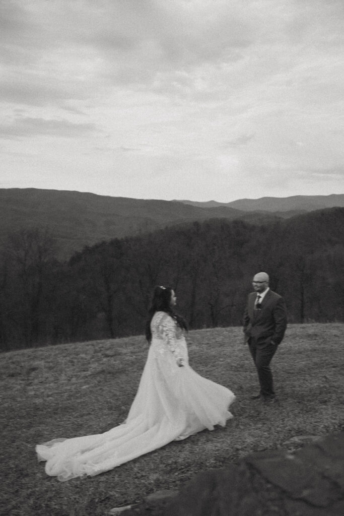 Man and woman in wedding attire in the north georgia mountains