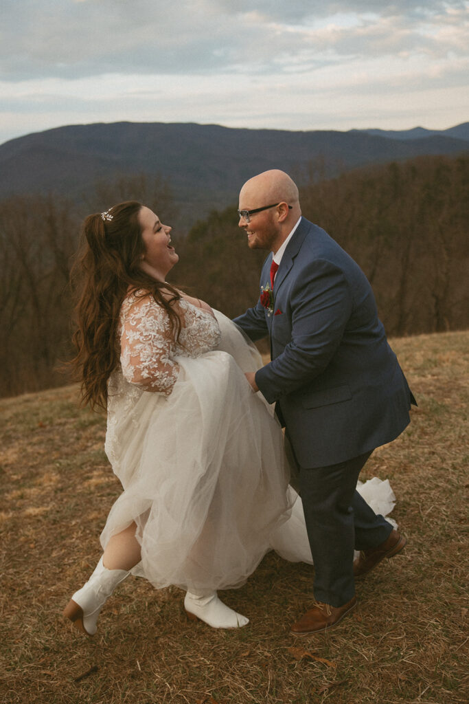 Man and woman in wedding attire in the north georgia mountains