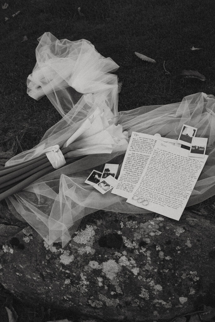a veil with polaroids, vows and rings laying on a rock