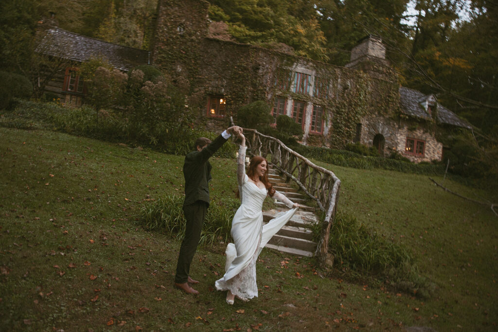 Couple portraits outside Douglas Ellington House after ceremony